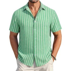 Alex Vando Mens Linen Short Sleeve Casual Button Down Shirt for Men Beach Wedding Shirts(Green)