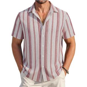 Alex Vando Mens Linen Short Sleeve Casual Button Down Shirt for Men Beach Wedding Shirts(Redwhite)