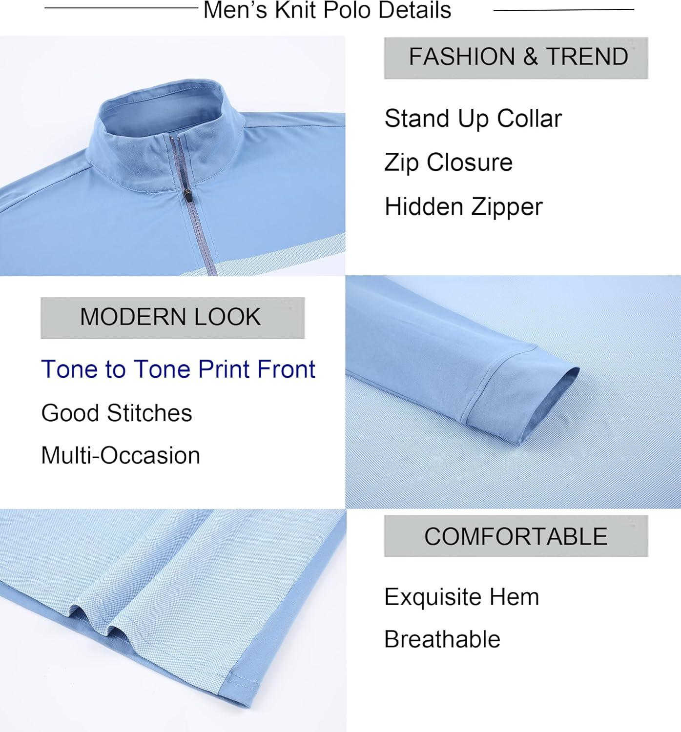 imageAlex Vando Mens Long Sleeve Zipper Golf Shirts Color Block Texture Polo Shirt for MenBlue 171
