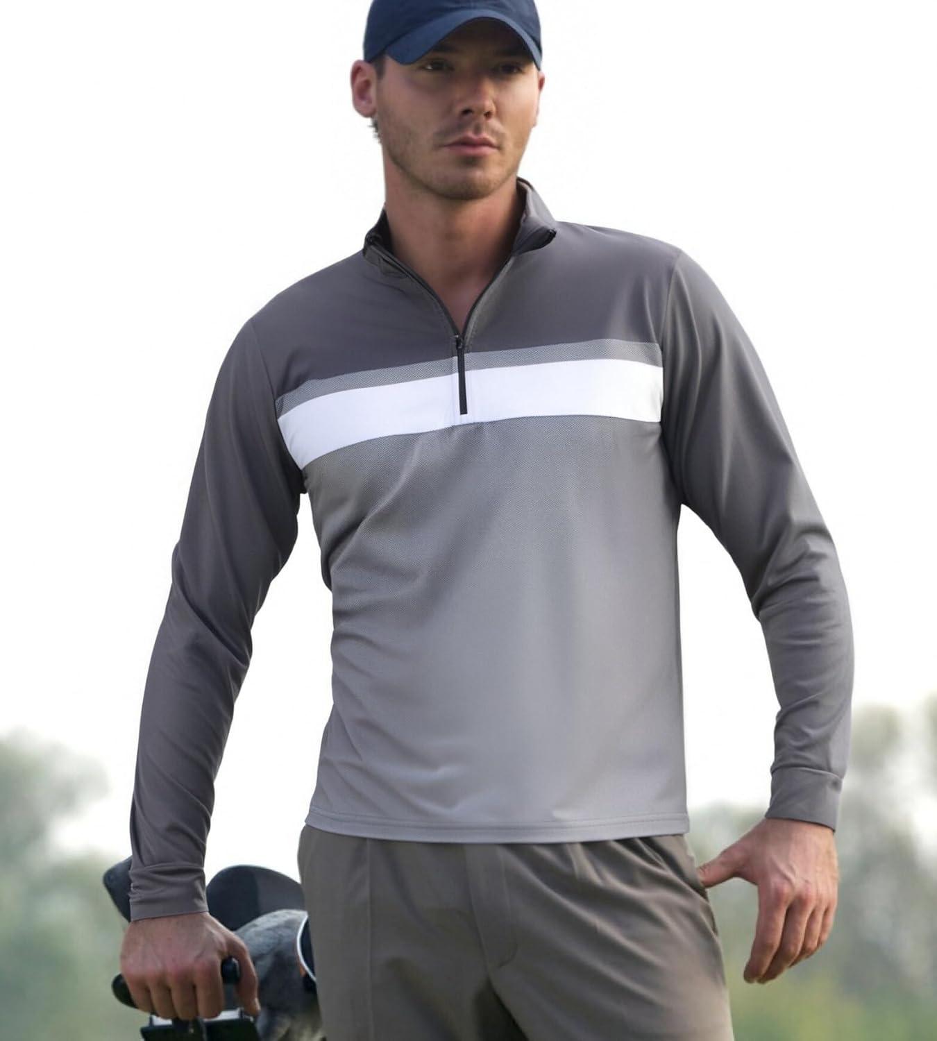 imageAlex Vando Mens Long Sleeve Zipper Golf Shirts Color Block Texture Polo Shirt for MenDark Grey 171
