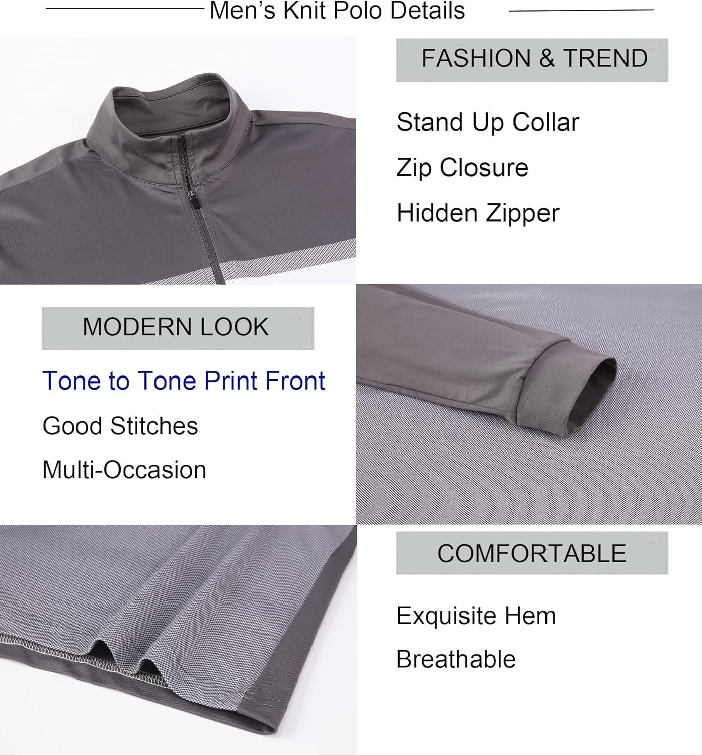 imageAlex Vando Mens Long Sleeve Zipper Golf Shirts Color Block Texture Polo Shirt for MenDark Grey 171