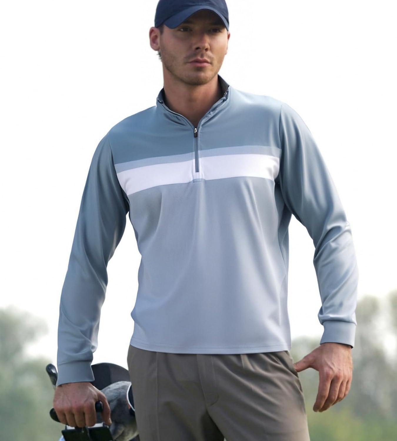 imageAlex Vando Mens Long Sleeve Zipper Golf Shirts Color Block Texture Polo Shirt for MenDusty Blue 171