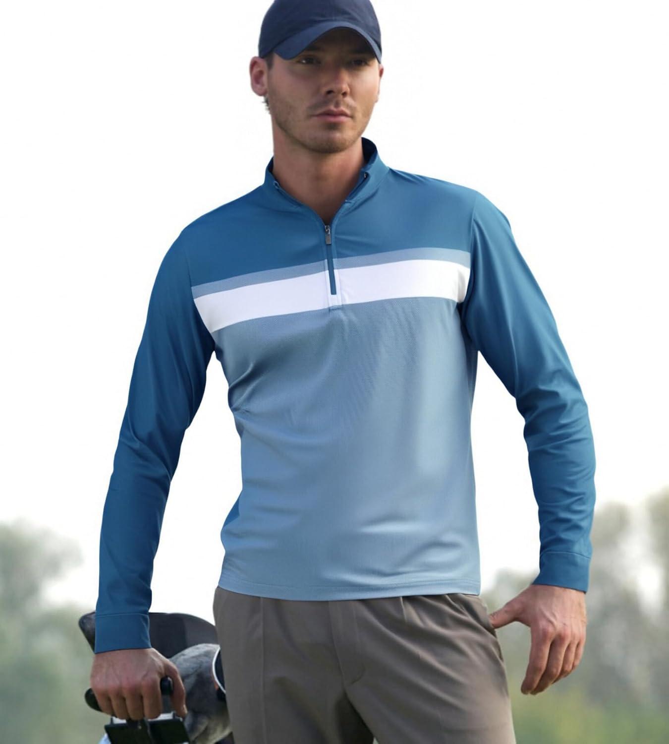 imageAlex Vando Mens Long Sleeve Zipper Golf Shirts Color Block Texture Polo Shirt for MenNavy 171