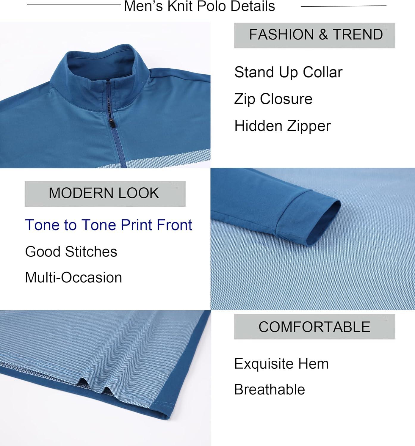 imageAlex Vando Mens Long Sleeve Zipper Golf Shirts Color Block Texture Polo Shirt for MenNavy 171