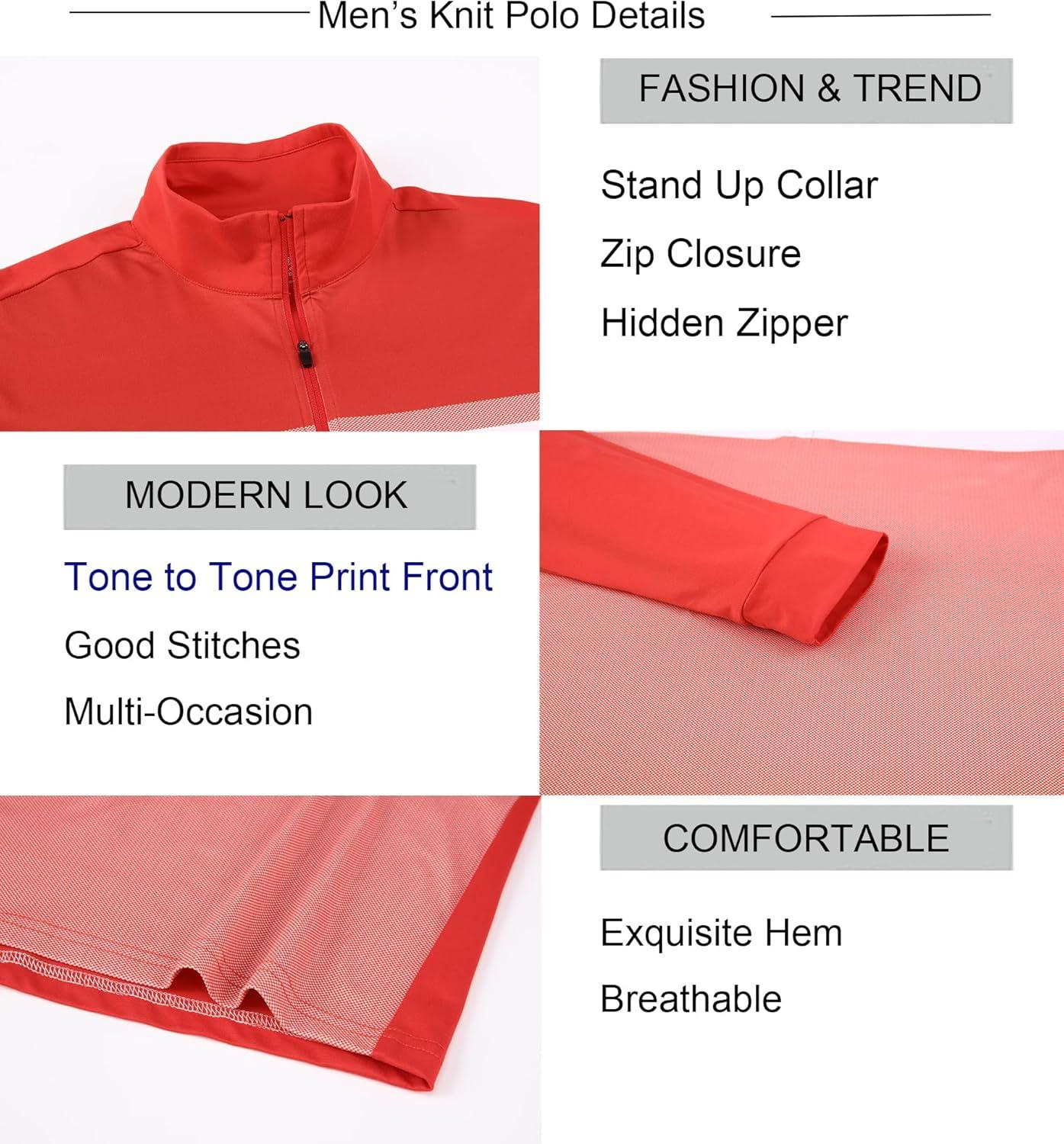 imageAlex Vando Mens Long Sleeve Zipper Golf Shirts Color Block Texture Polo Shirt for MenRed 171