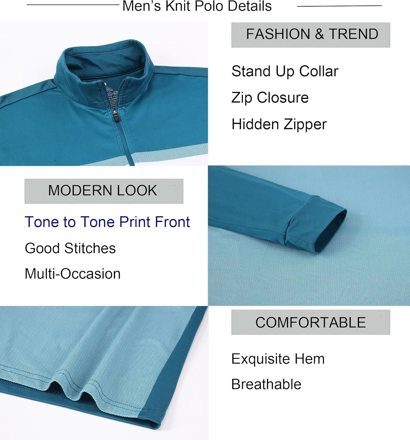 imageAlex Vando Mens Long Sleeve Zipper Golf Shirts Color Block Texture Polo Shirt for MenTeal 171