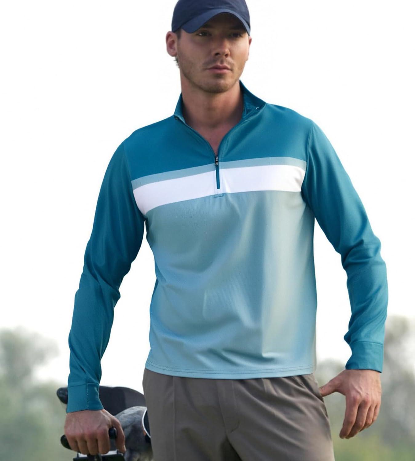 imageAlex Vando Mens Long Sleeve Zipper Golf Shirts Color Block Texture Polo Shirt for MenTeal 171