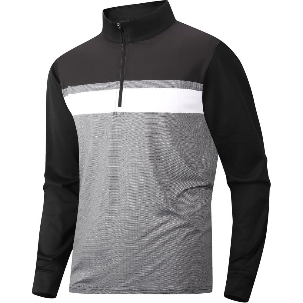 imageAlex Vando Mens Long Sleeve Zipper Golf Shirts Color Block Texture Polo Shirt for MenBlack 171