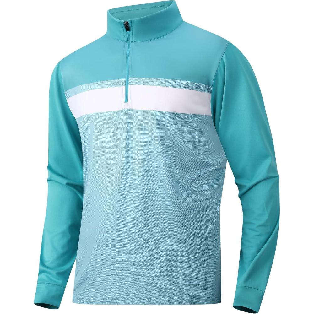 imageAlex Vando Mens Long Sleeve Zipper Golf Shirts Color Block Texture Polo Shirt for MenTurquoise 171