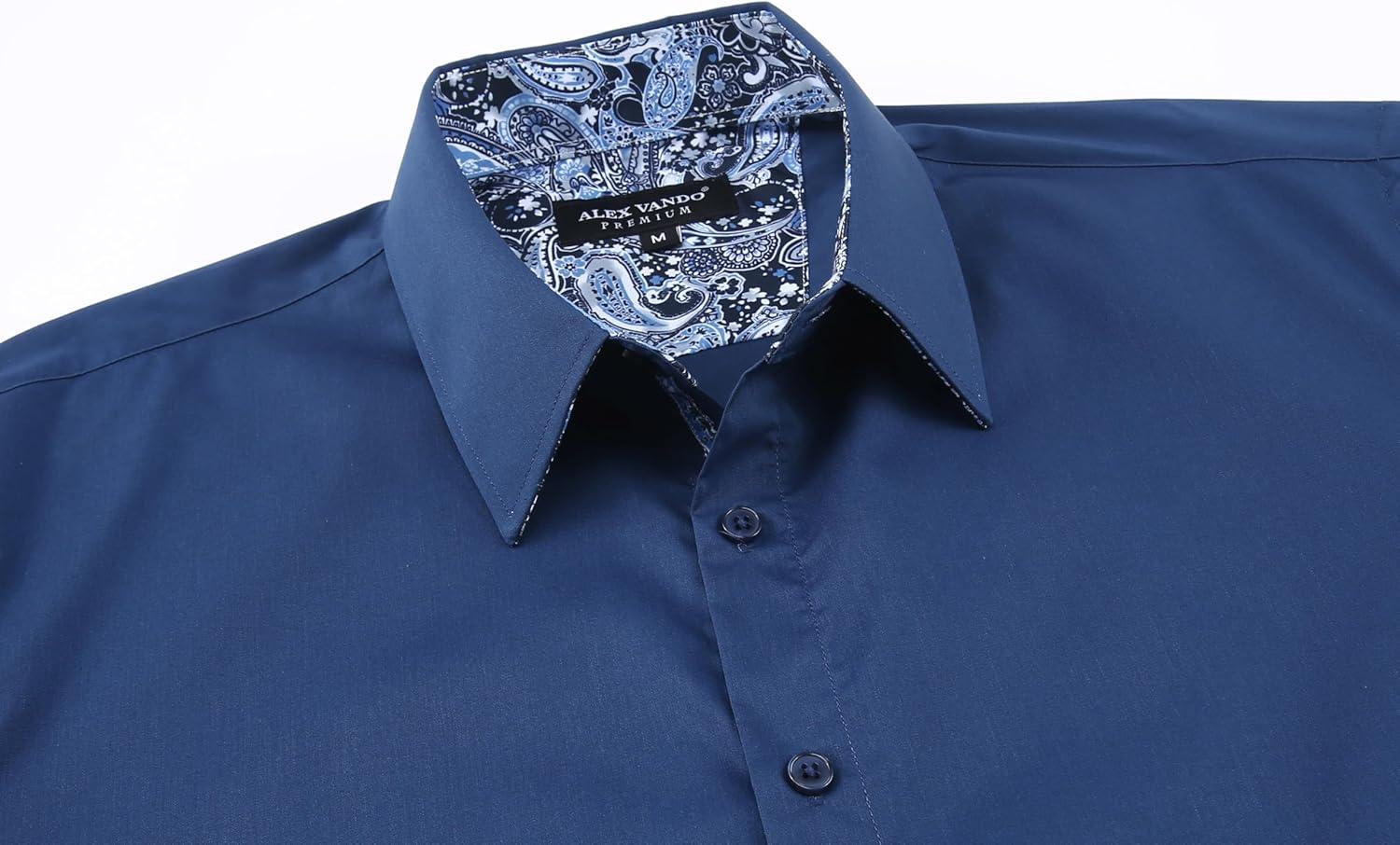 imageAlex Vando Mens Cotton Stretch Dress Shirt Regular Fit Fashion Paisley Contrast Button Down ShirtsNavy