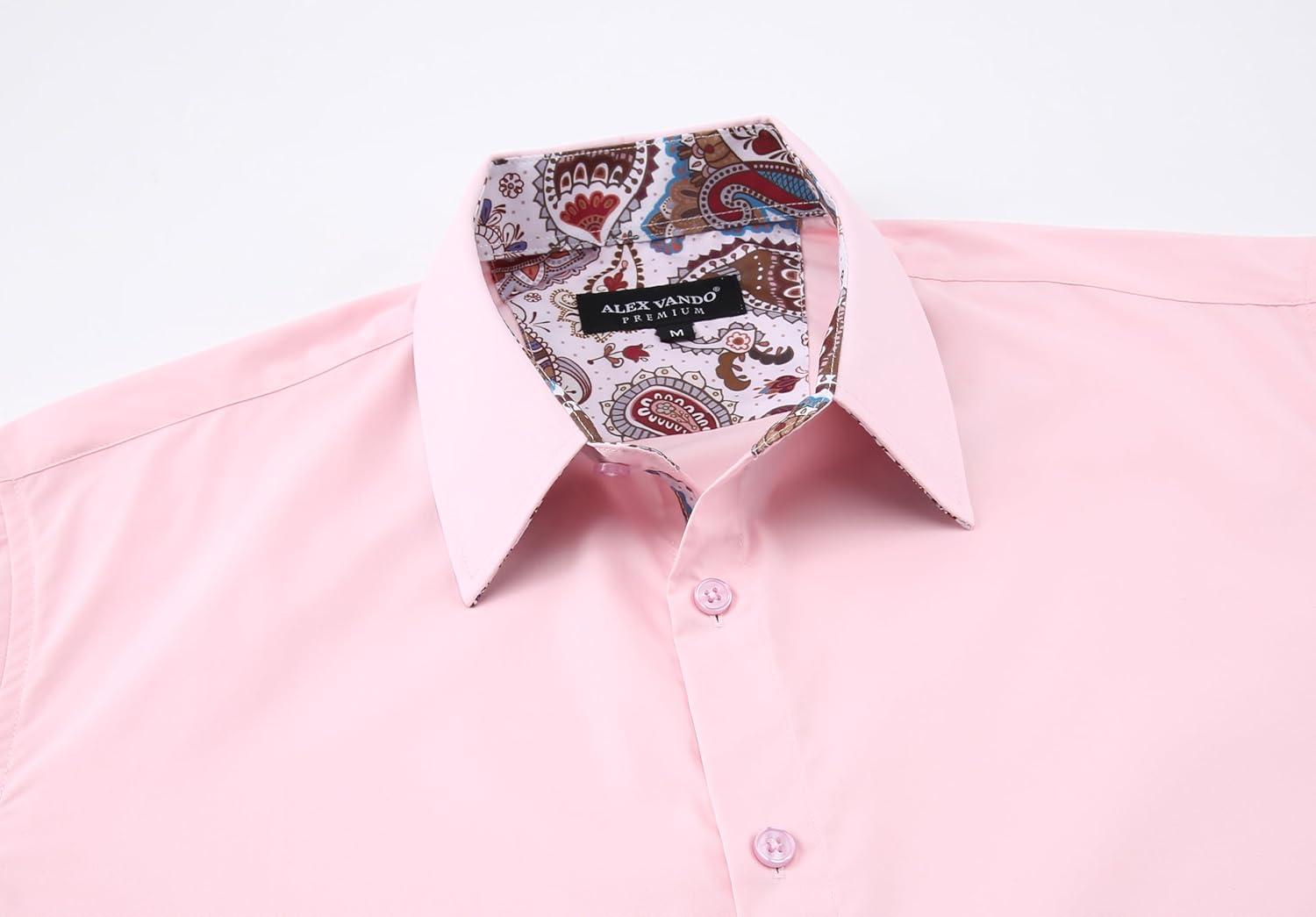 imageAlex Vando Mens Cotton Stretch Dress Shirt Regular Fit Fashion Paisley Contrast Button Down ShirtsPink