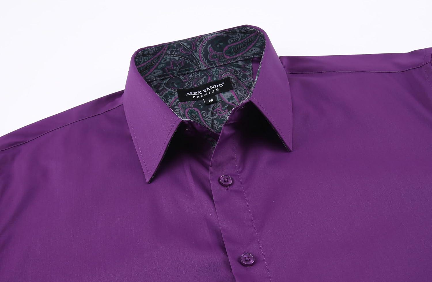 imageAlex Vando Mens Cotton Stretch Dress Shirt Regular Fit Fashion Paisley Contrast Button Down ShirtsPurple