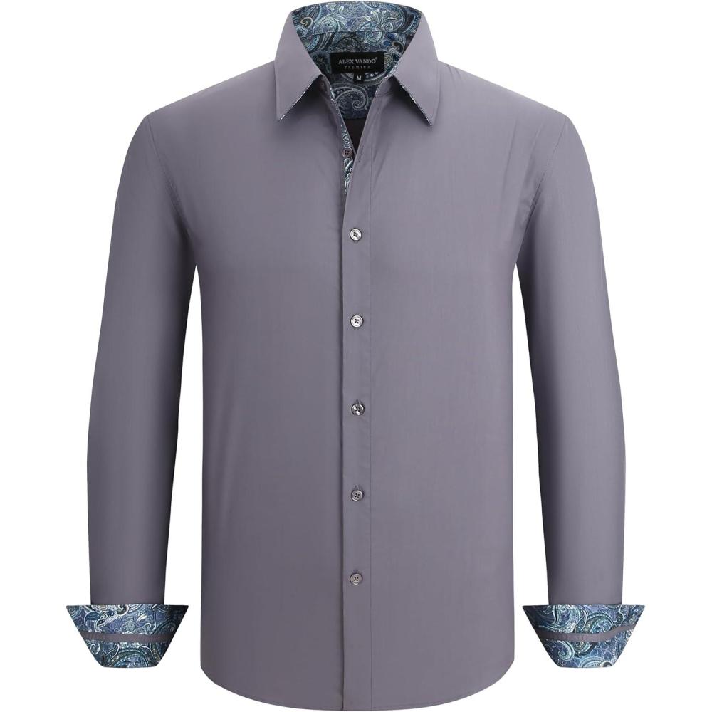 imageAlex Vando Mens Cotton Stretch Dress Shirt Regular Fit Fashion Paisley Contrast Button Down ShirtsCharcoal