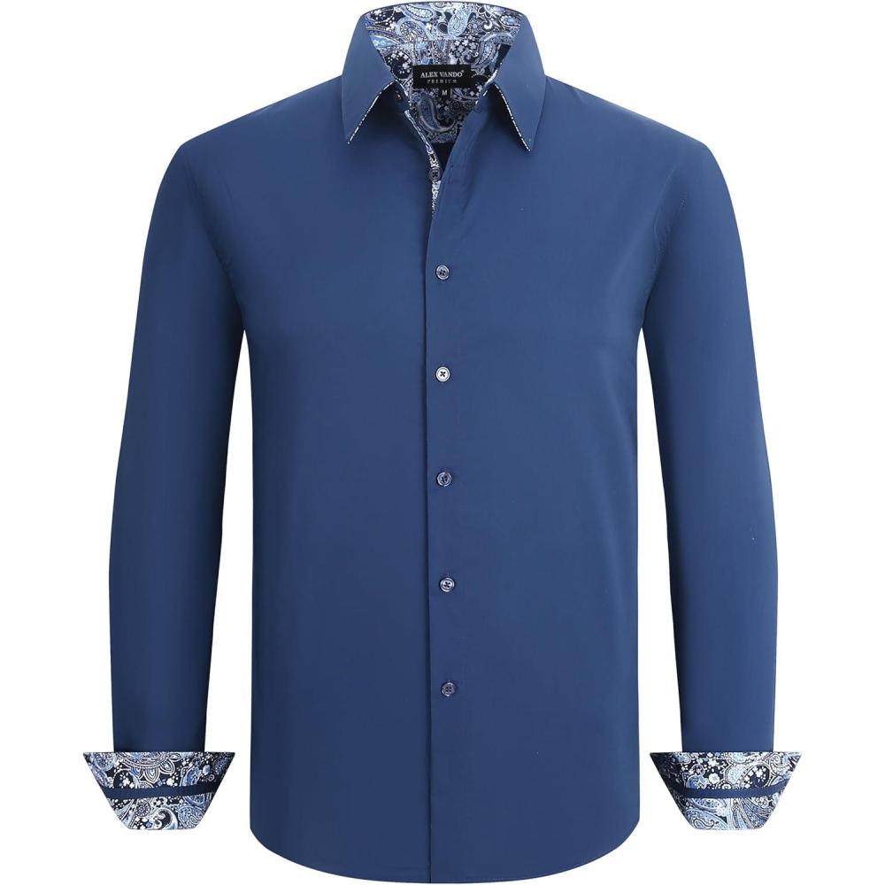 imageAlex Vando Mens Cotton Stretch Dress Shirt Regular Fit Fashion Paisley Contrast Button Down ShirtsNavy