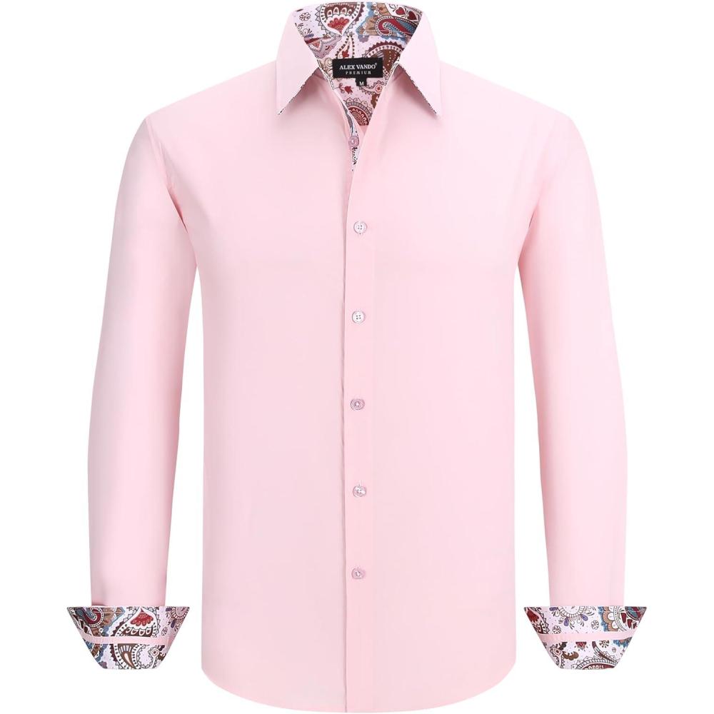 imageAlex Vando Mens Cotton Stretch Dress Shirt Regular Fit Fashion Paisley Contrast Button Down ShirtsPink