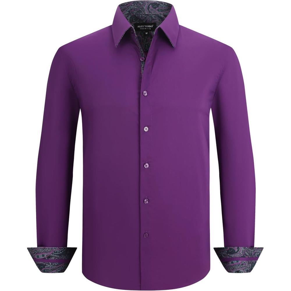 imageAlex Vando Mens Cotton Stretch Dress Shirt Regular Fit Fashion Paisley Contrast Button Down ShirtsPurple