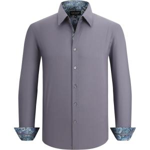 Alex Vando Men’s Cotton Stretch Dress Shirt Regular Fit Fashion Paisley Contrast Button Down Shirts(Charcoal)