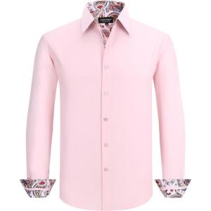 Alex Vando Men’s Cotton Stretch Dress Shirt Regular Fit Fashion Paisley Contrast Button Down Shirts(Pink)