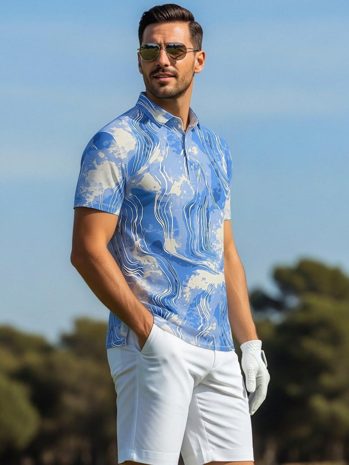 imageAlex Vando Mens Golf Shirts Moisture Wicking QuickDry Short Sleeve Casual Print Collared Polo Shirts for MenBluebeigeblur