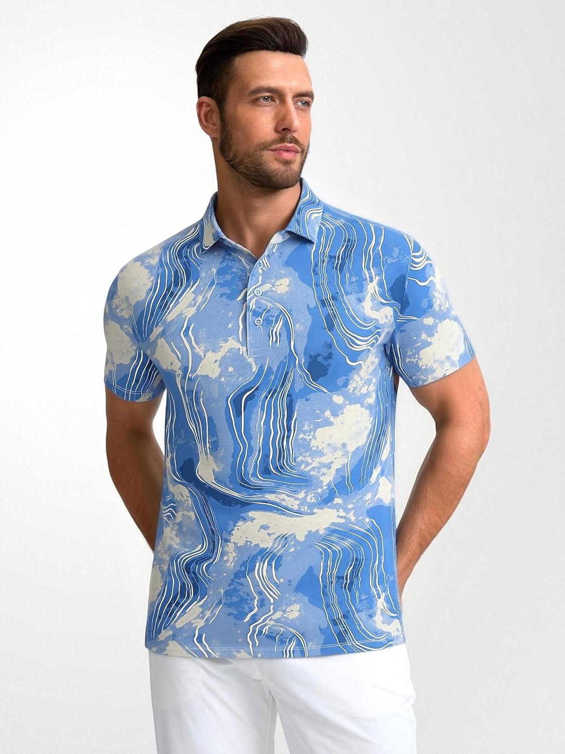 imageAlex Vando Mens Golf Shirts Moisture Wicking QuickDry Short Sleeve Casual Print Collared Polo Shirts for MenBluebeigeblur