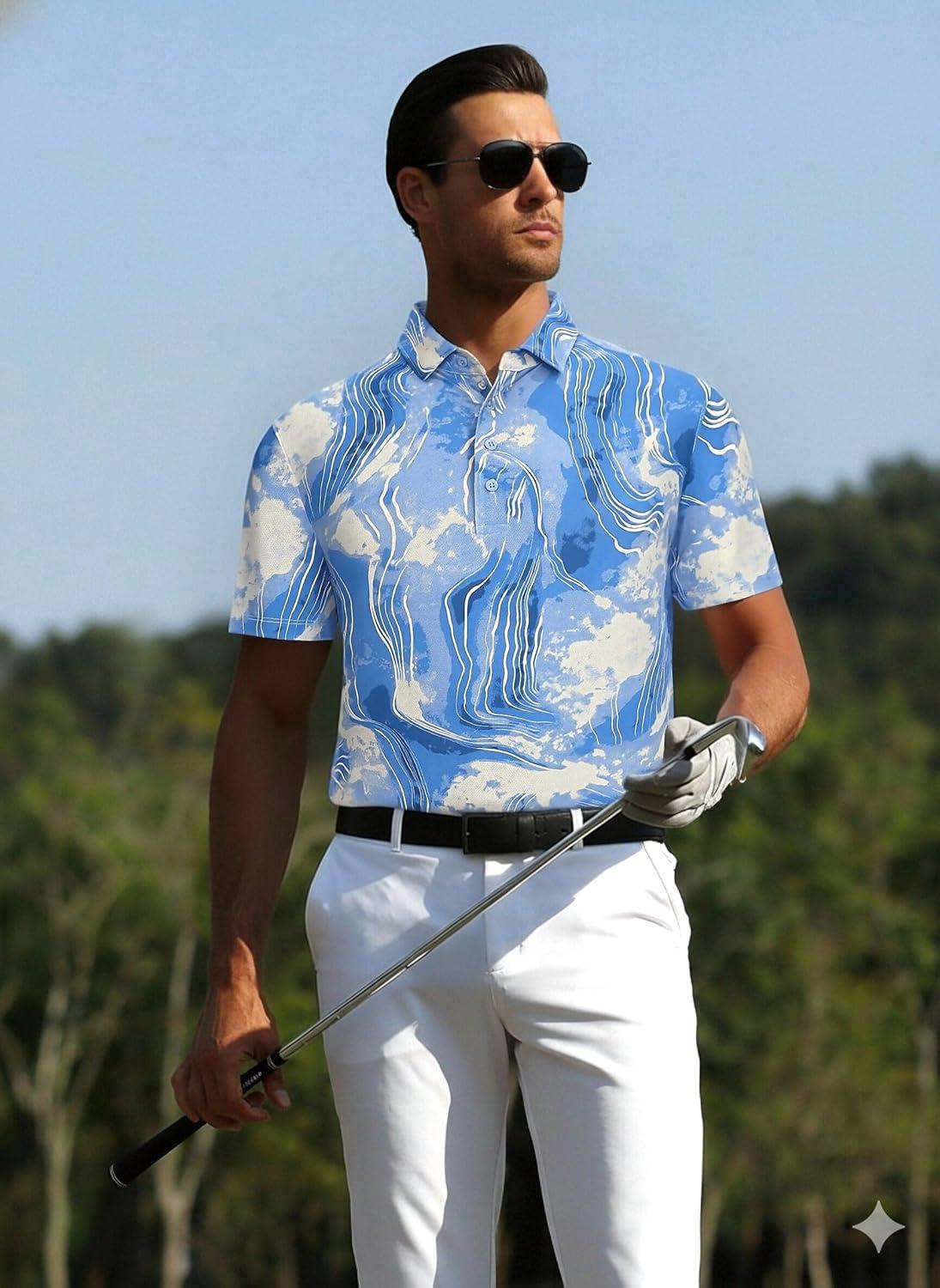 imageAlex Vando Mens Golf Shirts Moisture Wicking QuickDry Short Sleeve Casual Print Collared Polo Shirts for MenBluebeigeblur