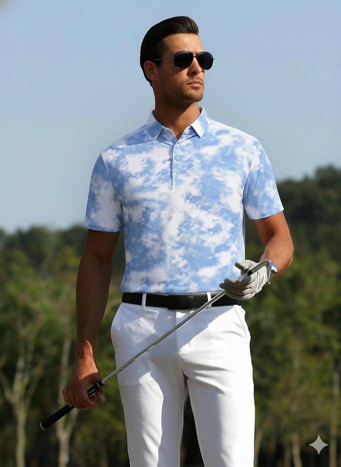 imageAlex Vando Mens Golf Shirts Moisture Wicking QuickDry Short Sleeve Casual Print Collared Polo Shirts for MenBluewhitecloud