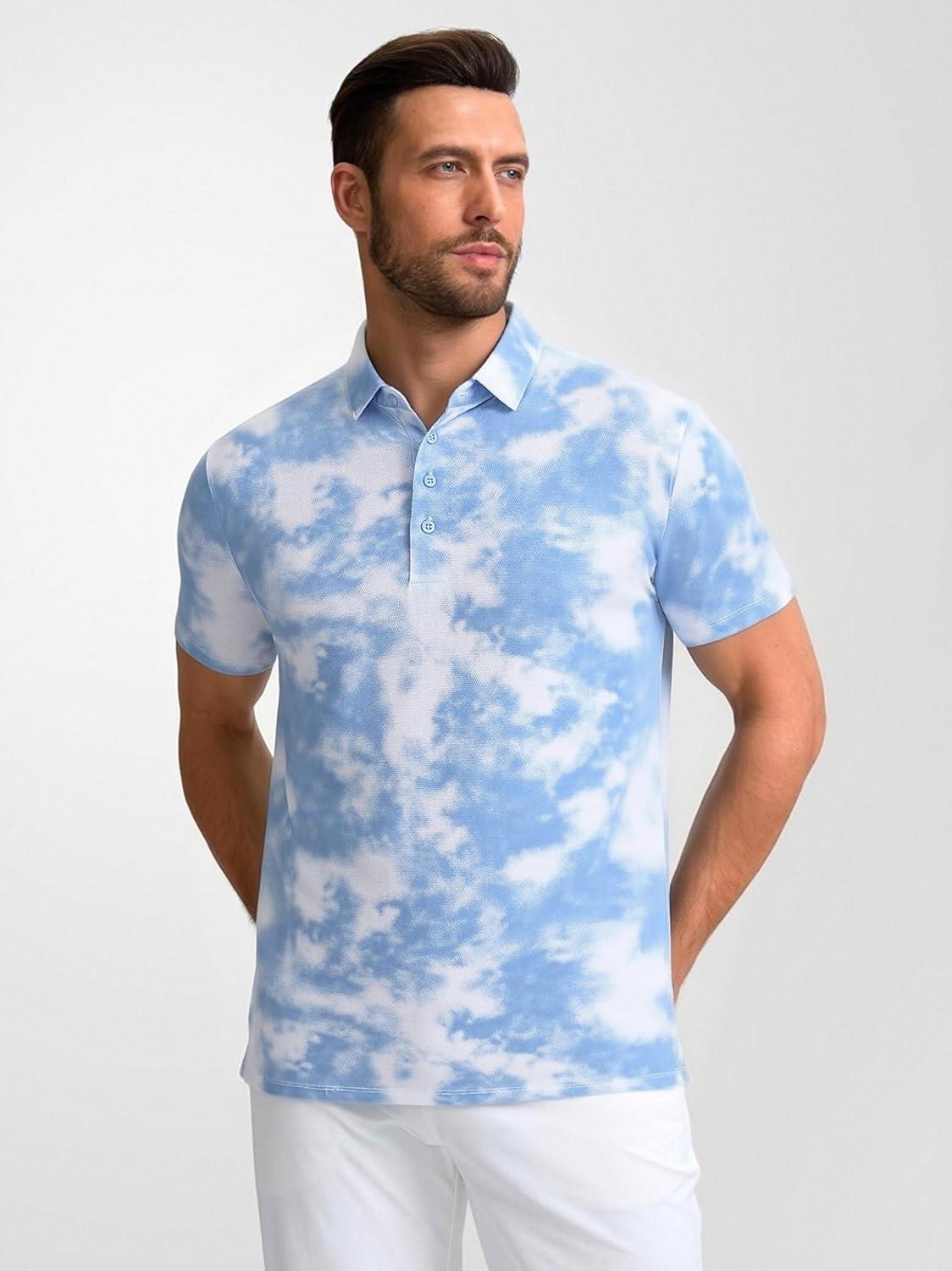imageAlex Vando Mens Golf Shirts Moisture Wicking QuickDry Short Sleeve Casual Print Collared Polo Shirts for MenBluewhitecloud