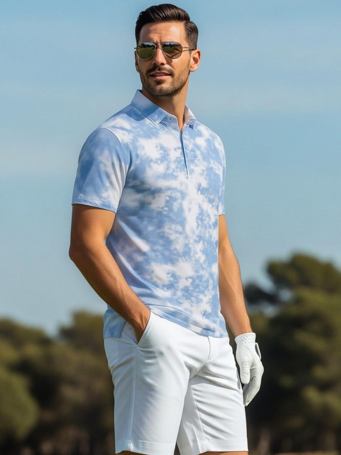 imageAlex Vando Mens Golf Shirts Moisture Wicking QuickDry Short Sleeve Casual Print Collared Polo Shirts for MenBluewhitecloud