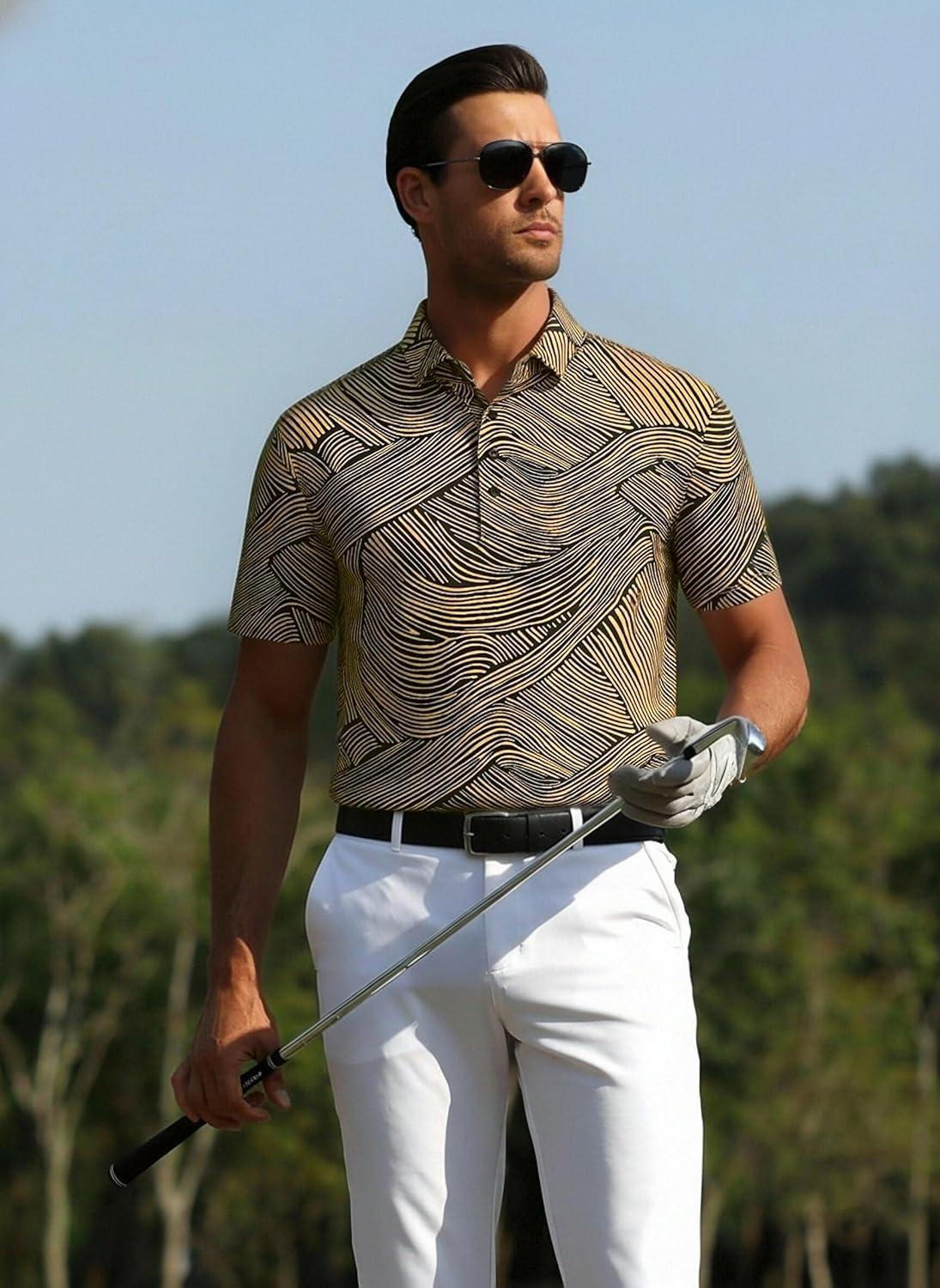 imageAlex Vando Mens Golf Shirts Moisture Wicking QuickDry Short Sleeve Casual Print Collared Polo Shirts for MenBrownblackstream