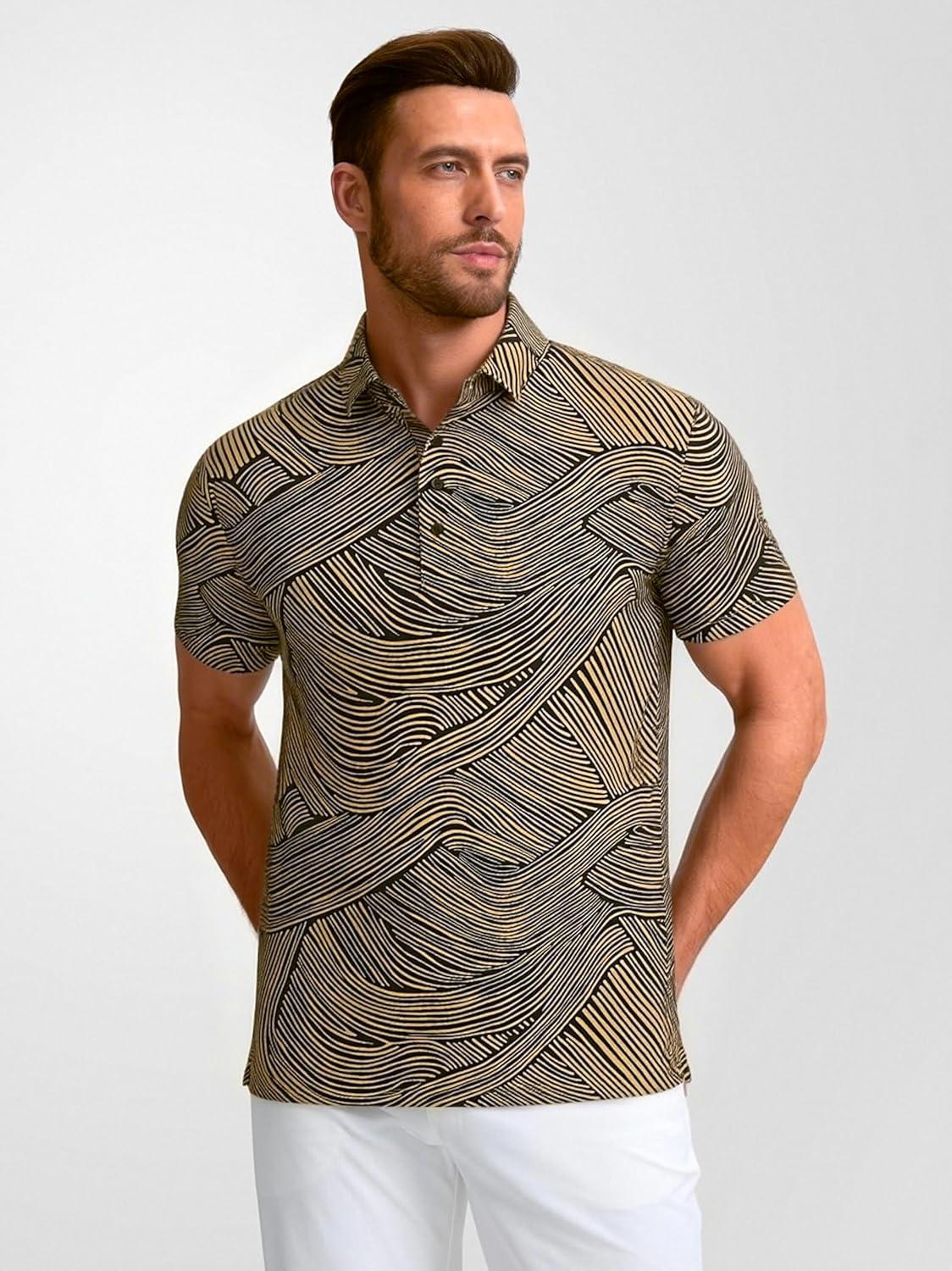 imageAlex Vando Mens Golf Shirts Moisture Wicking QuickDry Short Sleeve Casual Print Collared Polo Shirts for MenBrownblackstream