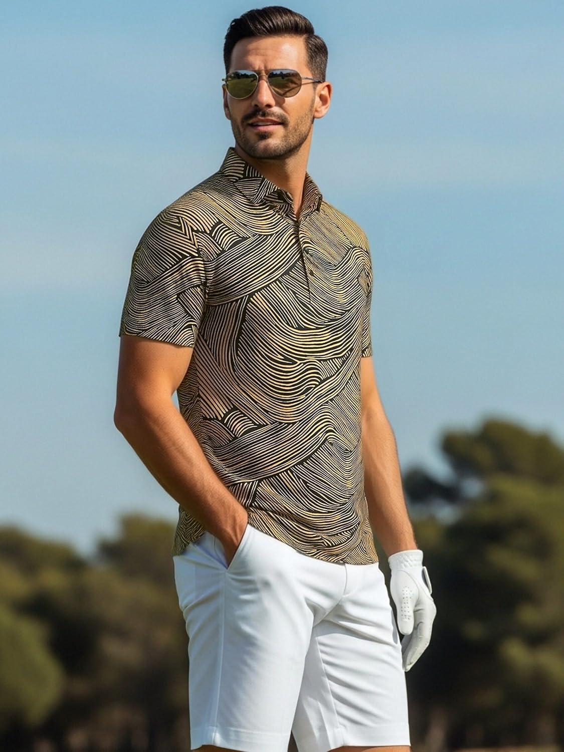 imageAlex Vando Mens Golf Shirts Moisture Wicking QuickDry Short Sleeve Casual Print Collared Polo Shirts for MenBrownblackstream