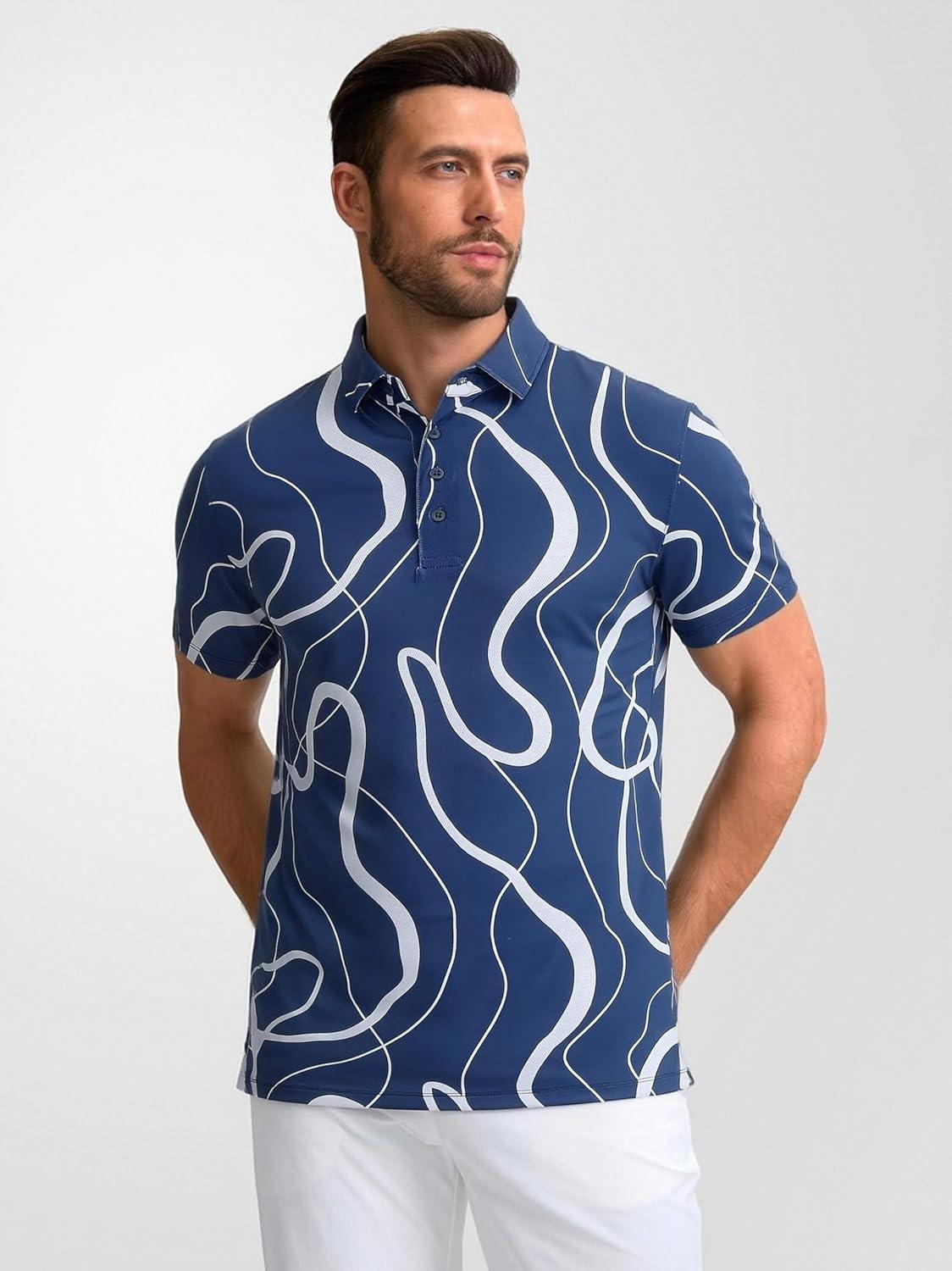 imageAlex Vando Mens Golf Shirts Moisture Wicking QuickDry Short Sleeve Casual Print Collared Polo Shirts for MenDarkbluewhiteline