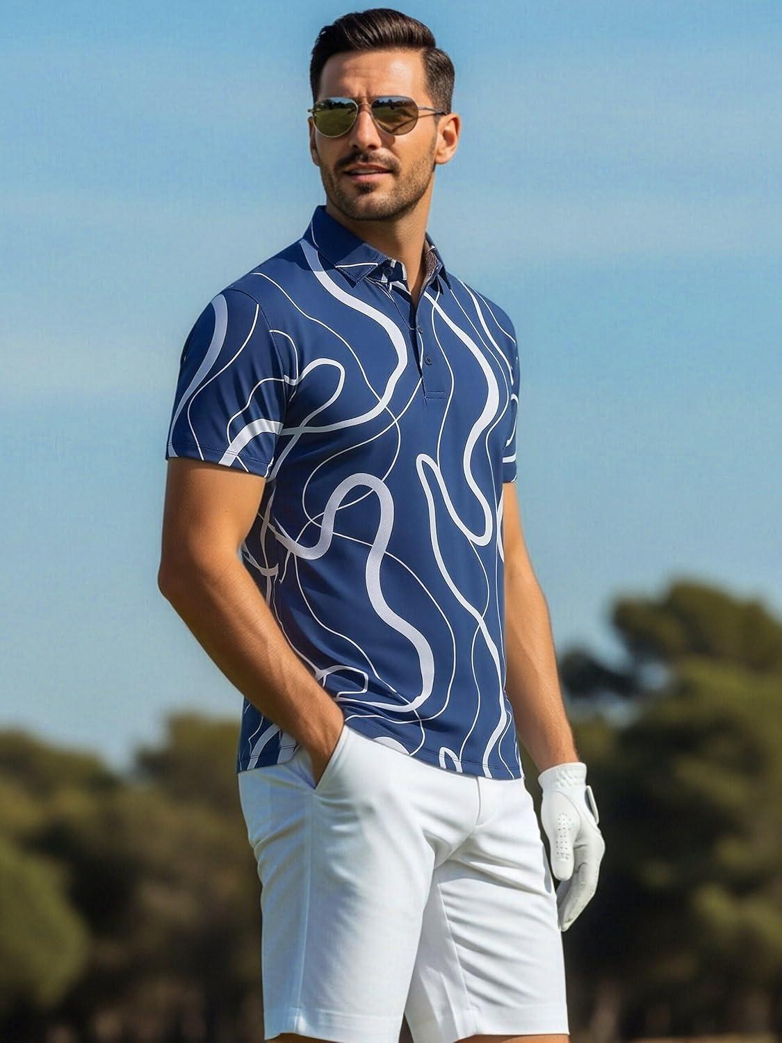 imageAlex Vando Mens Golf Shirts Moisture Wicking QuickDry Short Sleeve Casual Print Collared Polo Shirts for MenDarkbluewhiteline