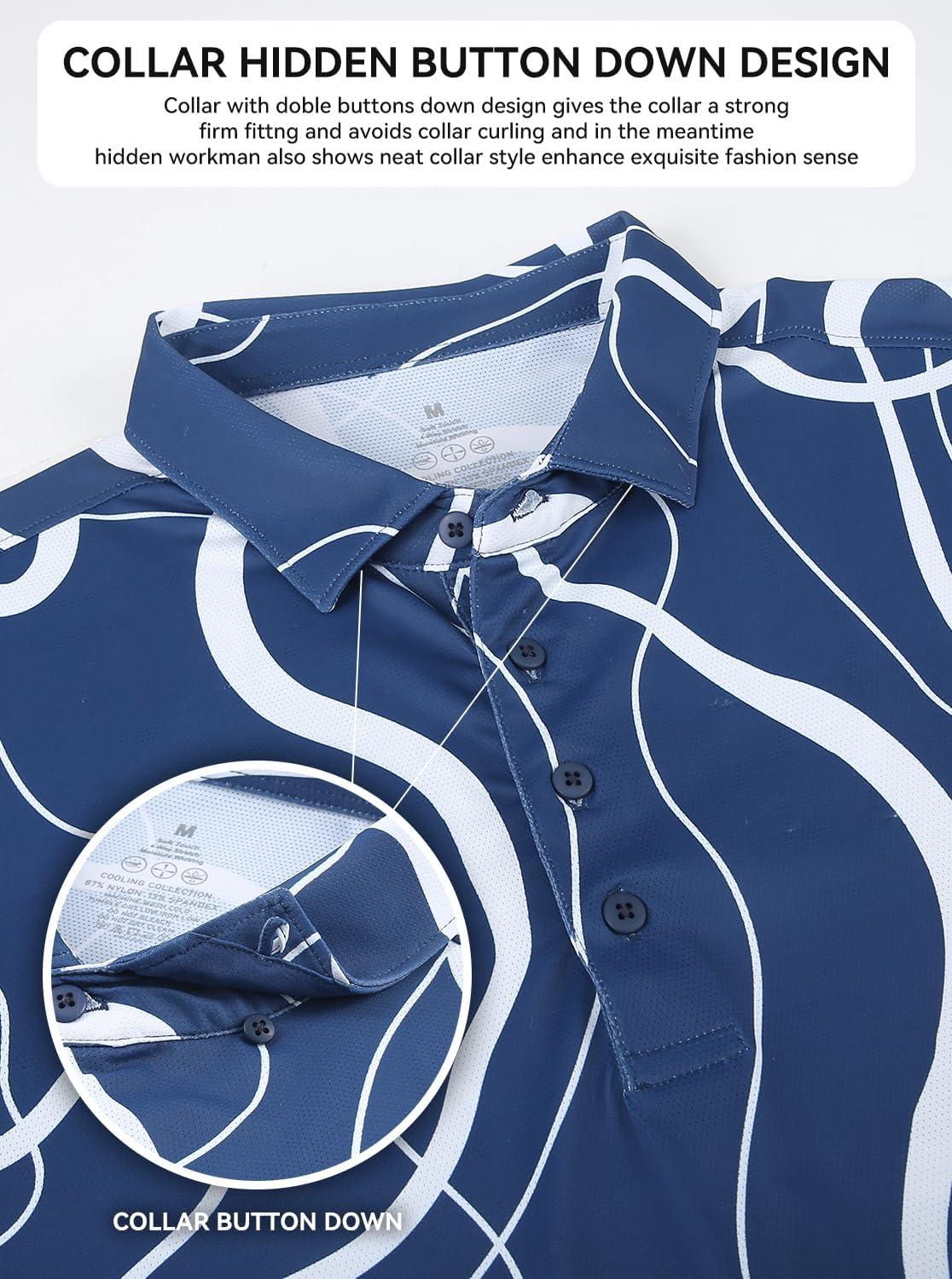 imageAlex Vando Mens Golf Shirts Moisture Wicking QuickDry Short Sleeve Casual Print Collared Polo Shirts for MenDarkbluewhiteline