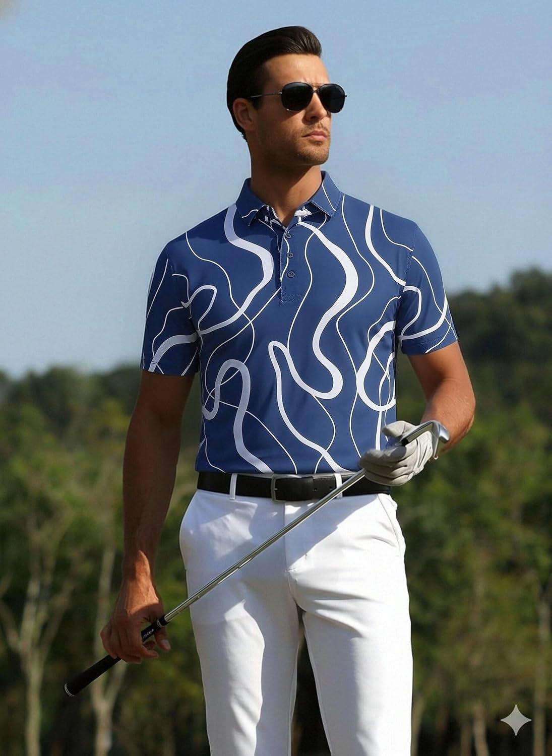 imageAlex Vando Mens Golf Shirts Moisture Wicking QuickDry Short Sleeve Casual Print Collared Polo Shirts for MenDarkbluewhiteline
