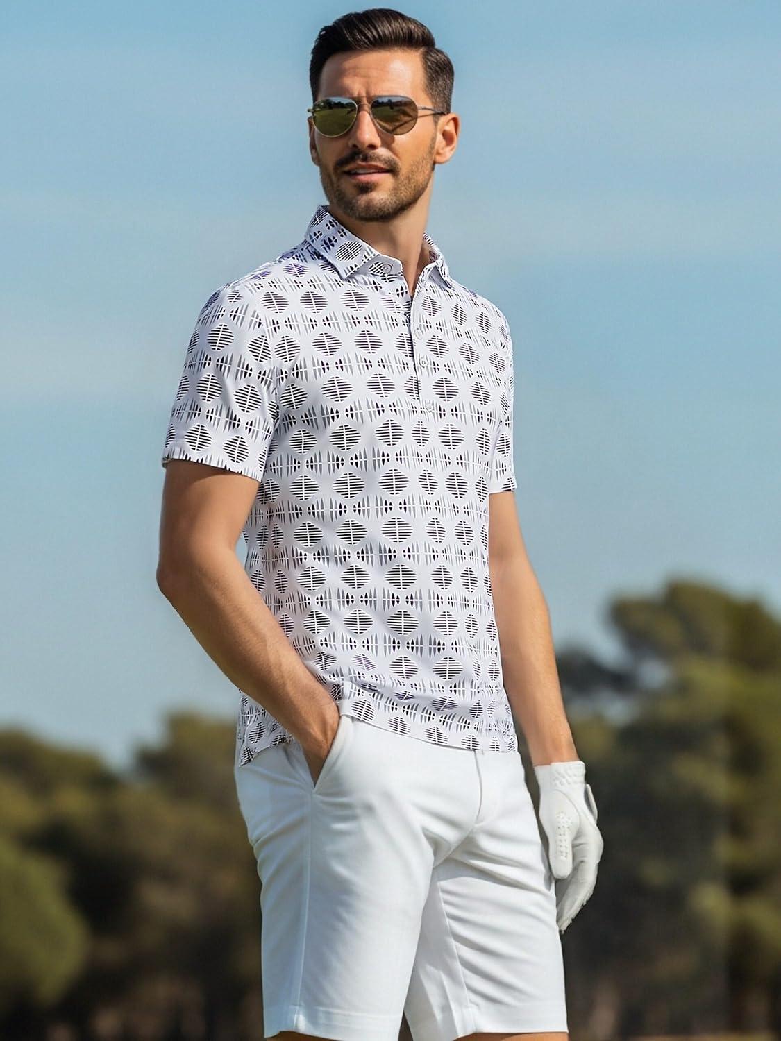 imageAlex Vando Mens Golf Shirts Moisture Wicking QuickDry Short Sleeve Casual Print Collared Polo Shirts for MenLightgray