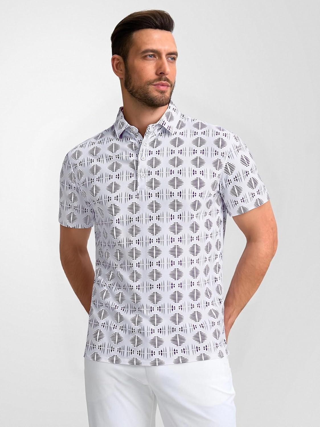 imageAlex Vando Mens Golf Shirts Moisture Wicking QuickDry Short Sleeve Casual Print Collared Polo Shirts for MenLightgray