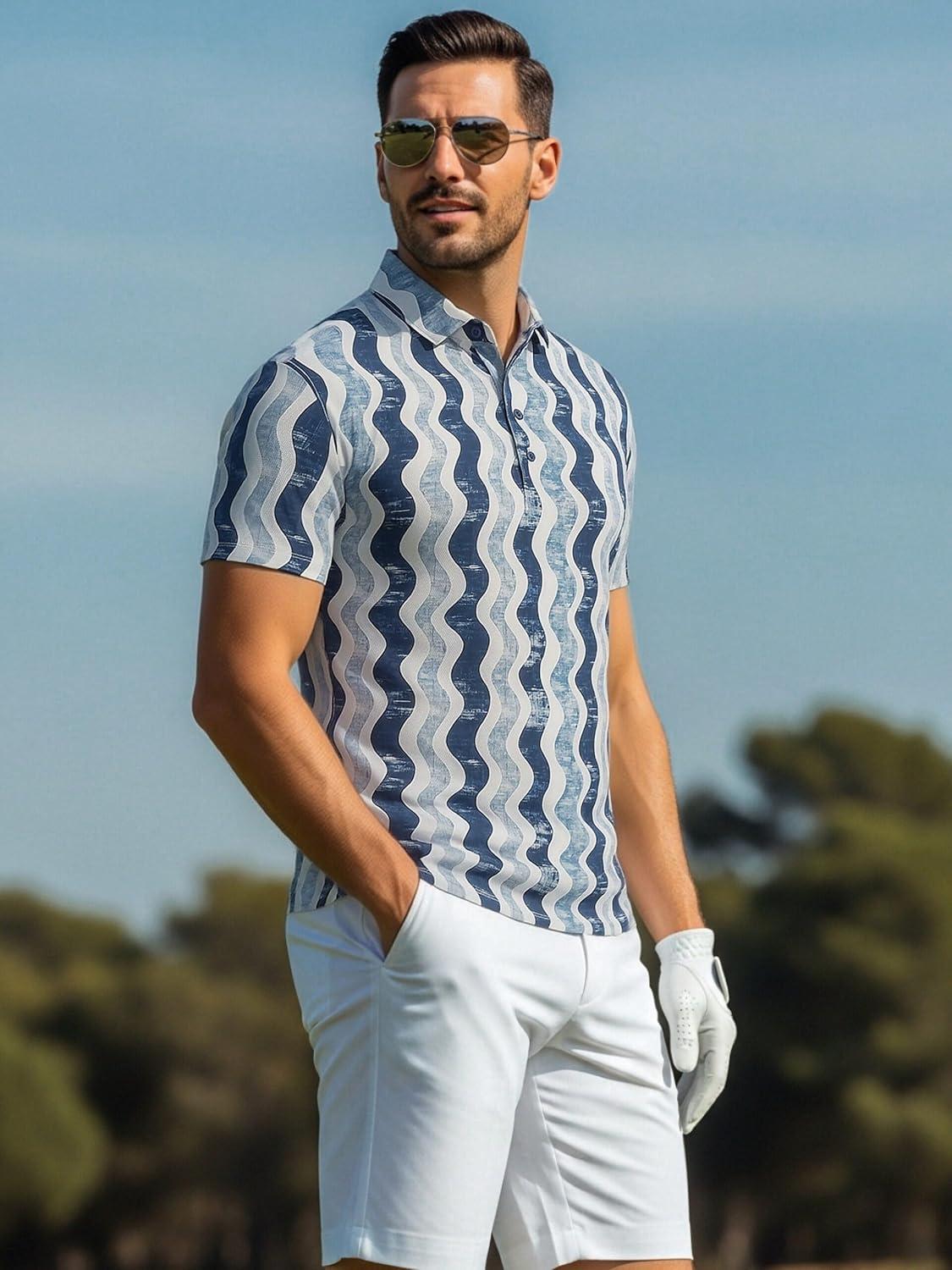 imageAlex Vando Mens Golf Shirts Moisture Wicking QuickDry Short Sleeve Casual Print Collared Polo Shirts for MenNavybeigewave