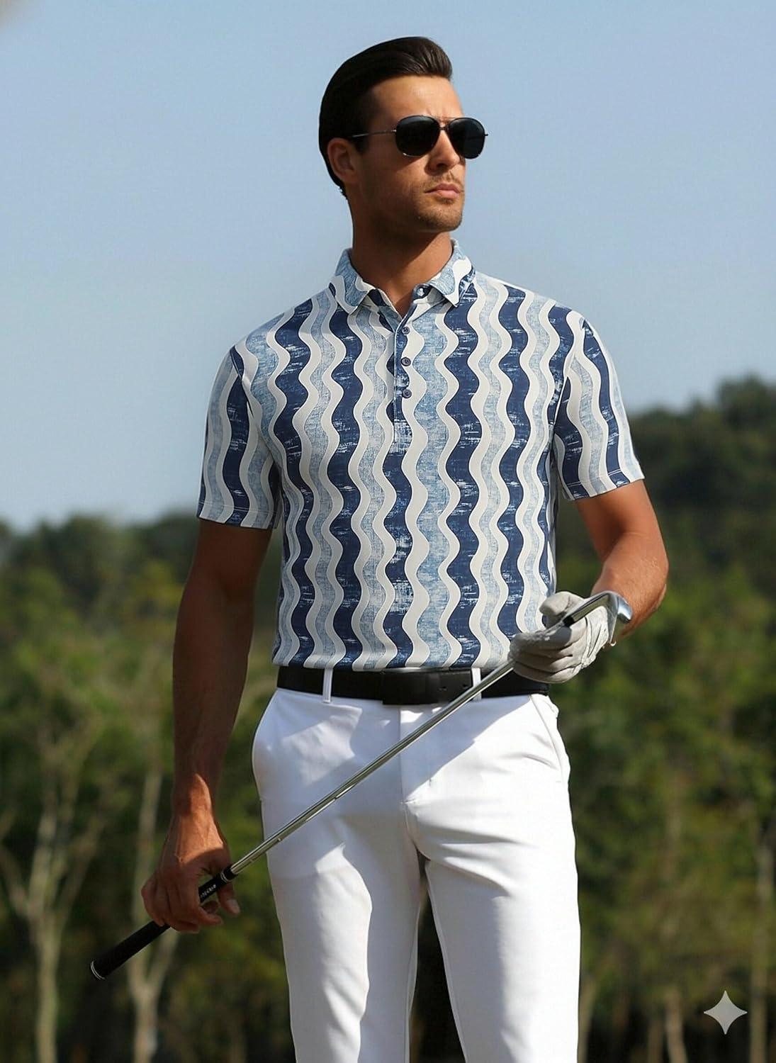 imageAlex Vando Mens Golf Shirts Moisture Wicking QuickDry Short Sleeve Casual Print Collared Polo Shirts for MenNavybeigewave