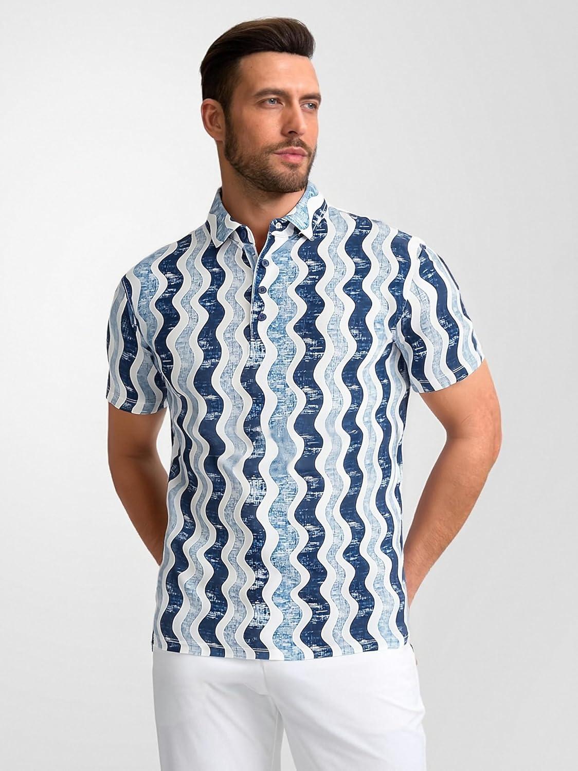 imageAlex Vando Mens Golf Shirts Moisture Wicking QuickDry Short Sleeve Casual Print Collared Polo Shirts for MenNavybeigewave