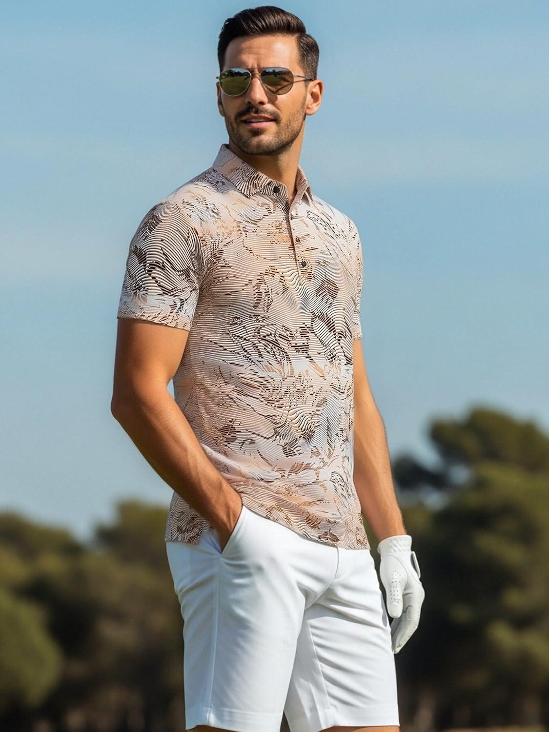 imageAlex Vando Mens Golf Shirts Moisture Wicking QuickDry Short Sleeve Casual Print Collared Polo Shirts for MenOrangewhitewave