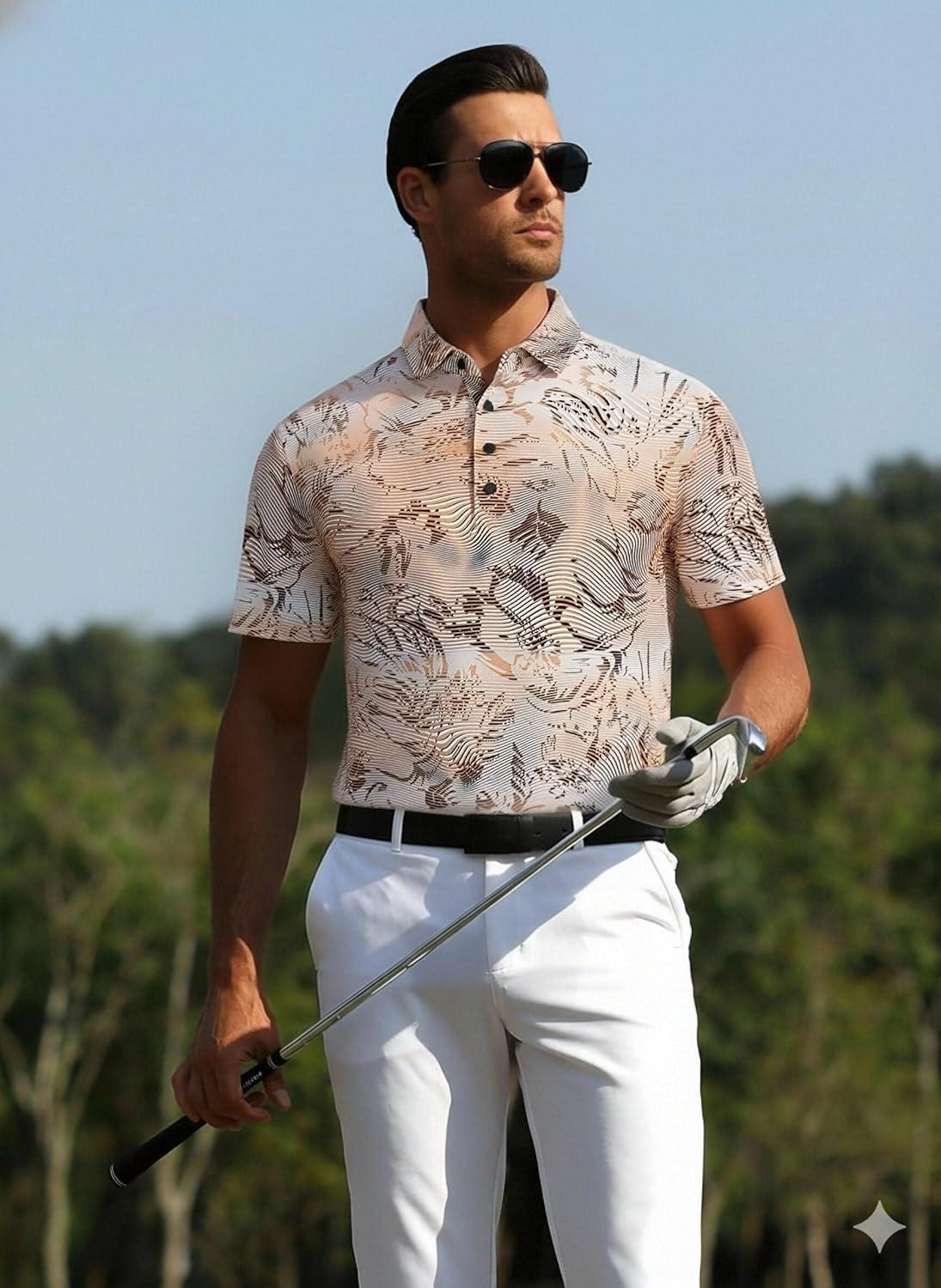 imageAlex Vando Mens Golf Shirts Moisture Wicking QuickDry Short Sleeve Casual Print Collared Polo Shirts for MenOrangewhitewave
