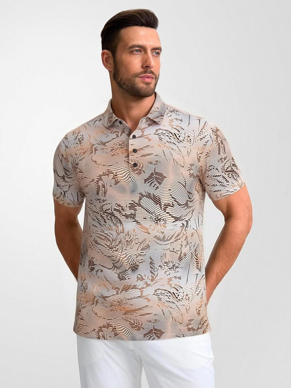 imageAlex Vando Mens Golf Shirts Moisture Wicking QuickDry Short Sleeve Casual Print Collared Polo Shirts for MenOrangewhitewave