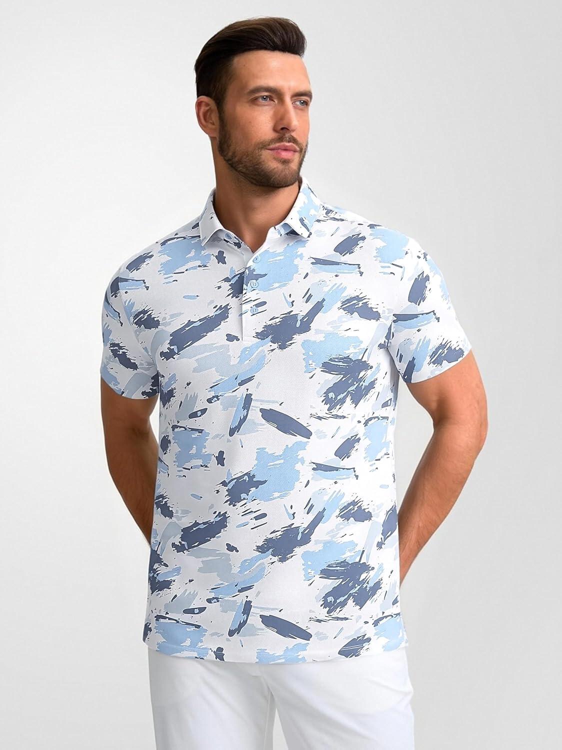 imageAlex Vando Mens Golf Shirts Moisture Wicking QuickDry Short Sleeve Casual Print Collared Polo Shirts for MenSmogbluesplash
