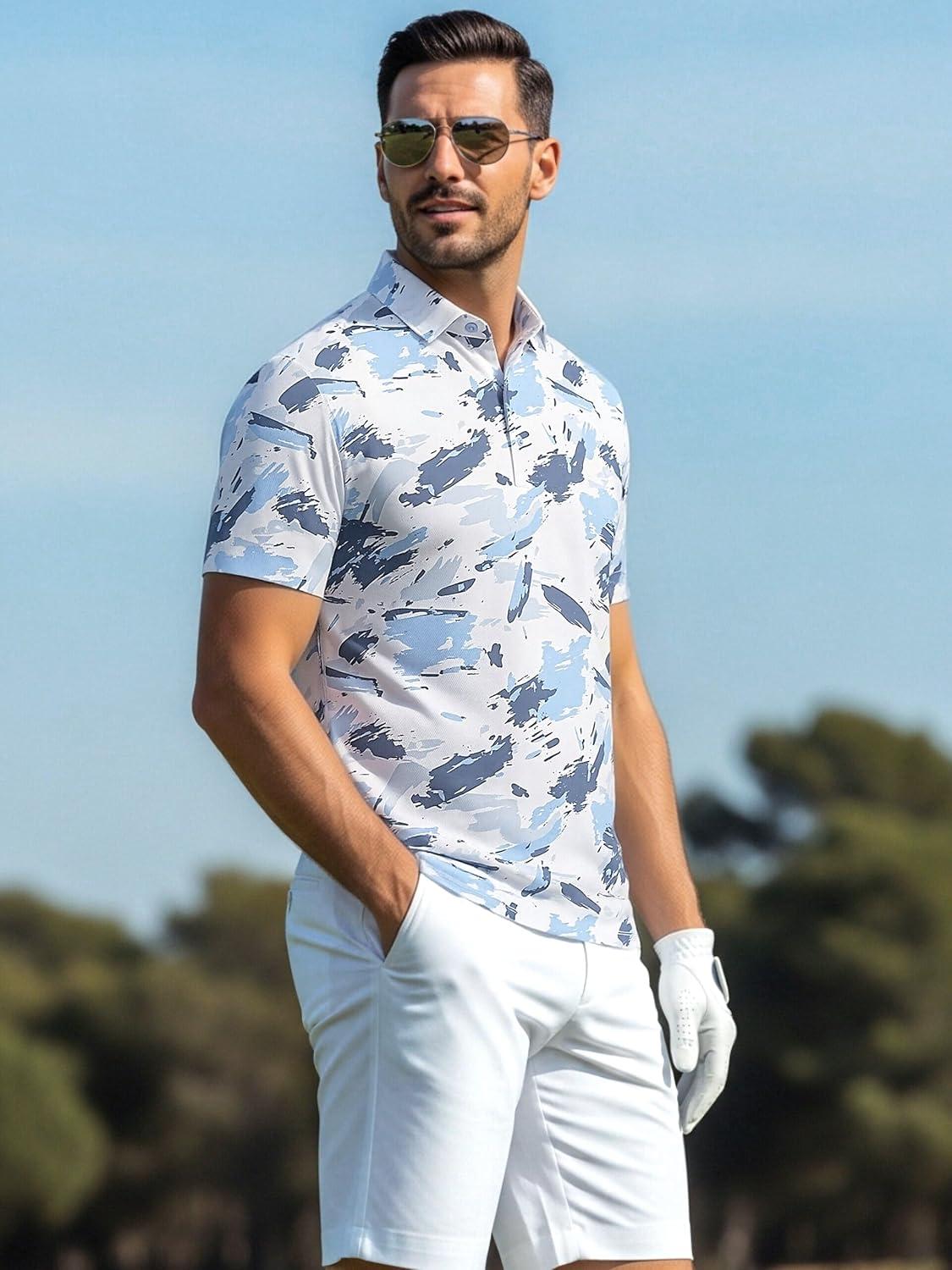imageAlex Vando Mens Golf Shirts Moisture Wicking QuickDry Short Sleeve Casual Print Collared Polo Shirts for MenSmogbluesplash