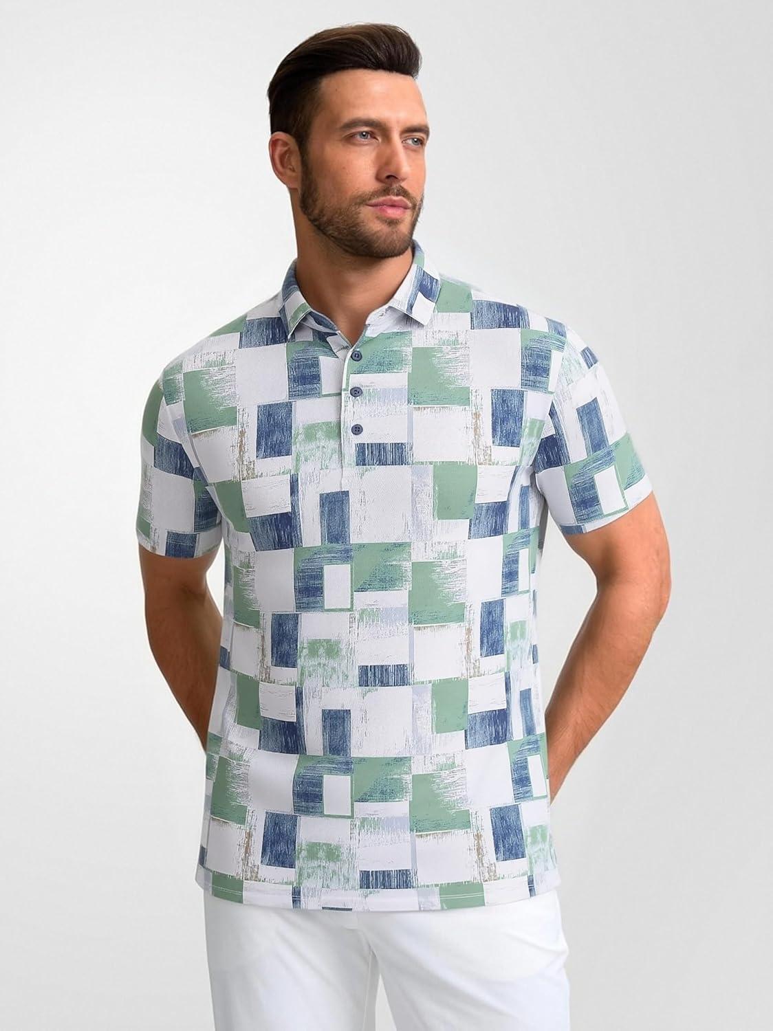 imageAlex Vando Mens Golf Shirts Moisture Wicking QuickDry Short Sleeve Casual Print Collared Polo Shirts for MenTealblock