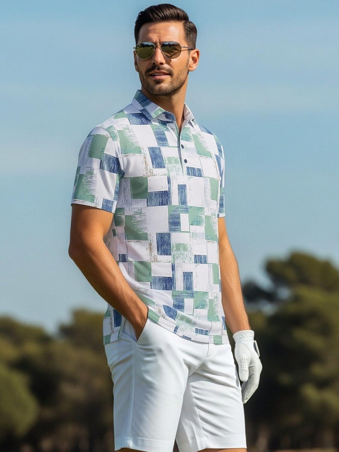 imageAlex Vando Mens Golf Shirts Moisture Wicking QuickDry Short Sleeve Casual Print Collared Polo Shirts for MenTealblock