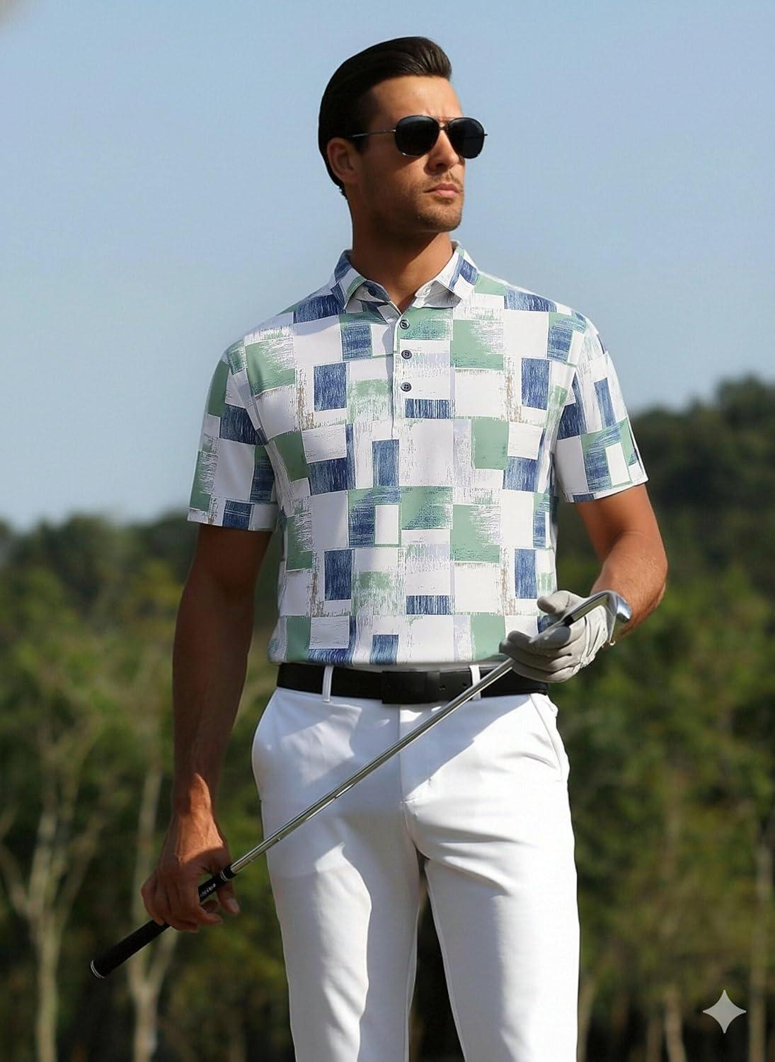 imageAlex Vando Mens Golf Shirts Moisture Wicking QuickDry Short Sleeve Casual Print Collared Polo Shirts for MenTealblock