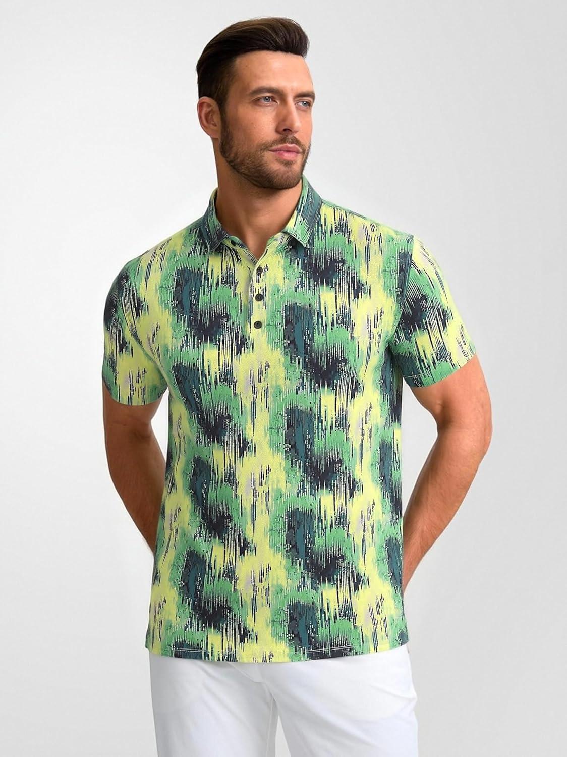 imageAlex Vando Mens Golf Shirts Moisture Wicking QuickDry Short Sleeve Casual Print Collared Polo Shirts for MenYellowgreeniridescent