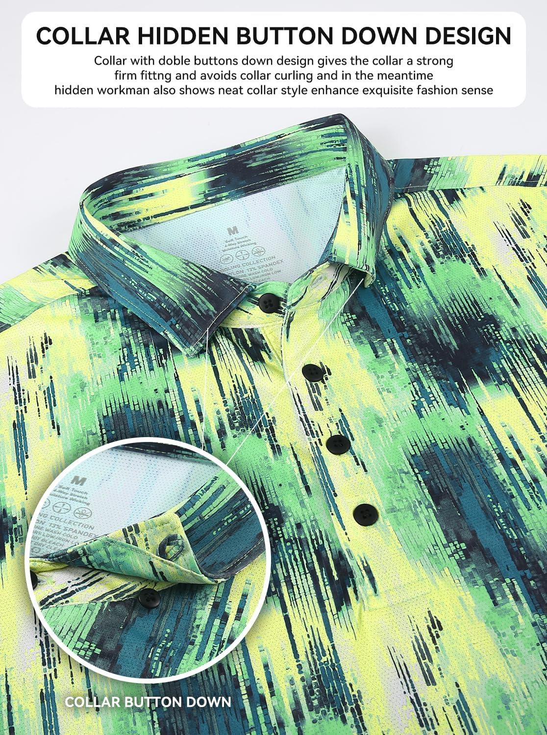 imageAlex Vando Mens Golf Shirts Moisture Wicking QuickDry Short Sleeve Casual Print Collared Polo Shirts for MenYellowgreeniridescent